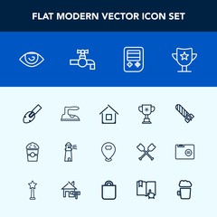 Modern, simple vector icon set with shop, equipment, house, housework, architecture, arrow, danger, win, competition, human, explosion, light, water, iron, ocean, cafe, technology, power, award icons