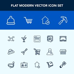 Modern, simple vector icon set with ship, construction, juice, safety, technology, ufo, real, head, space, cart, oven, equipment, summer, crane, house, cocktail, fashion, shop, safe, guitar, hat icons