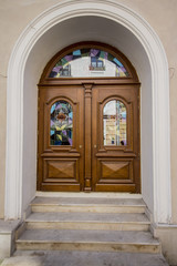 Old arched doors in the Old Town of Lviv. Ukraine