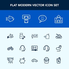 Modern, simple vector icon set with money, transportation, tank, business, property, house, vitamin, panzer, bike, video, medical, sea, support, estate, pharmacy, seafood, rent, meeting, coin icons