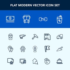 Modern, simple vector icon set with weapon, travel, pharaoh, gym, idea, concept, summer, fitness, coffee, glass, map, money, juice, drink, shovel, diskette, construction, equipment, road, pin icons