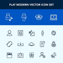 Modern, simple vector icon set with jump, web, business, upstairs, downstairs, skater, notebook, internet, online, download, vitamin, skateboard, service, parachute, screen, male, cap, sailor icons