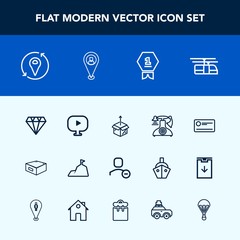 Modern, simple vector icon set with package, winner, vintage, new, cheque, telephone, rail, jump, blue, train, unpacking, extreme, finance, sky, award, diamond, drawer, pin, box, account, travel icons