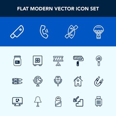 Modern, simple vector icon set with voice, roll, tool, musical, food, military, horizontal, globe, meat, metal, lock, knife, extreme, sky, search, safety, can, cut, bank, song, paddle, aluminum icons