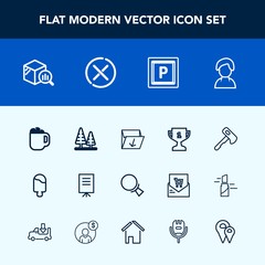 Modern, simple vector icon set with axe, profile, finance, trash, place, achievement, find, waste, magnifying, female, tree, dessert, hammer, award, box, statistic, tool, sweet, cup, forest, mug icons