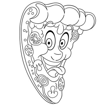 Coloring book. Coloring page. Colouring picture. Pepperoni Pizza slice.