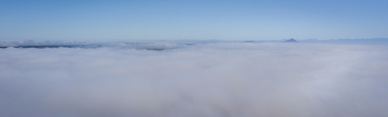 Aerial drone view of a foggy morning in the Scenic Rim, Queensland, Australia