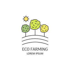 Farming and agriculture vector icon. Line style landscape with trees and sun