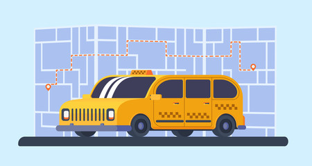 Taxi minivan car with map and way on background. Geolocation marker with route.