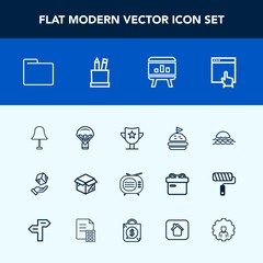 Modern, simple vector icon set with lamp, parachute, morning, win, package, light, sky, jump, office, reward, box, parachuting, file, lunch, prize, nature, cardboard, technology, mouse, paper icons
