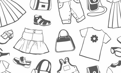 girls clothes and accessories, shoes, seamless pattern. female clothing on white background 