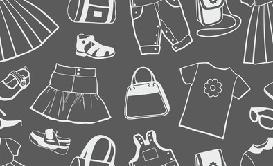 girls clothes and accessories, shoes, seamless pattern. female clothing on black background 