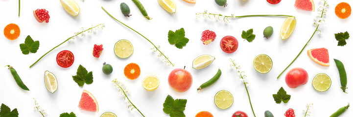 Various vegetables and fruits isolated on white background, top view, flat layout. Concept of healthy eating, food background.