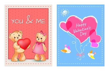 Valentines Day Postcards with Bears and Hearts