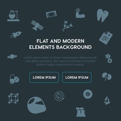 Naklejka premium health, science, sports fill vector icons and elements background concept on dark background.Multipurpose use on websites, presentations, brochures and more
