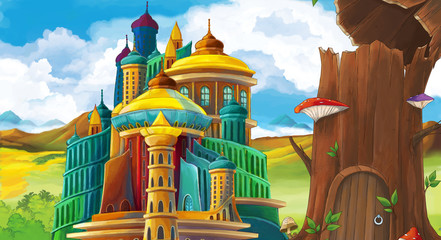 cartoon scene with beautiful castle and wooden home in old tree - illustration for children