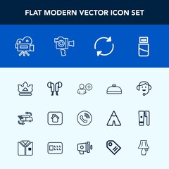 Modern, simple vector icon set with delivery, plug, trip, cable, building, circle, equipment, user, usb, movie, arrow, crown, business, handle, transportation, tripod, reload, music, center, car icons