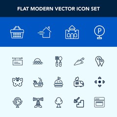 Modern, simple vector icon set with insect, lot, butterfly, travel, urban, landscape, equipment, blank, shovel, spoon, market, pin, sale, nature, morning, shop, kitchen, poster, marine, vehicle icons