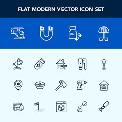 Modern, simple vector icon set with job, medical, brush, storage, cap, medal, sailor, medicine, table, screwdriver, health, magnetic, summer, house, sound, location, success, property, sun, hat icons