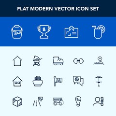 Modern, simple vector icon set with drink, id, food, flag, exercise, fun, home, card, architecture, sport, estate, web, building, handle, meat, america, clean, identity, nation, arrow, leisure icons