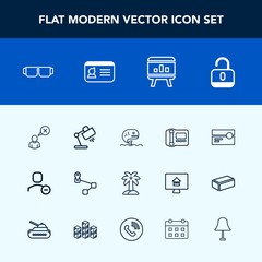 Modern, simple vector icon set with lamp, fashion, sun, template, seafood, home, profile, lock, palm, internet, cassette, sunglasses, nature, summer, user, unlock, infographic, open, web, stereo icons