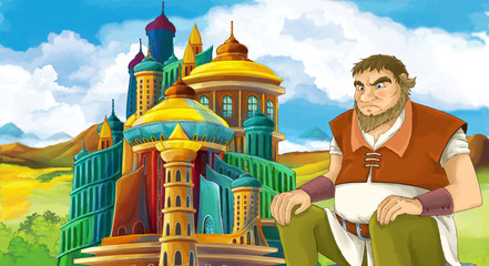cartoon scene with beautiful castle and some farmer sitting - illustration for children
