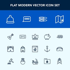 Modern, simple vector icon set with real, template, music, transport, musical, queen, fashion, online, folk, vehicle, wear, world, map, cap, cash, horizontal, house, estate, economy, bank, crown icons