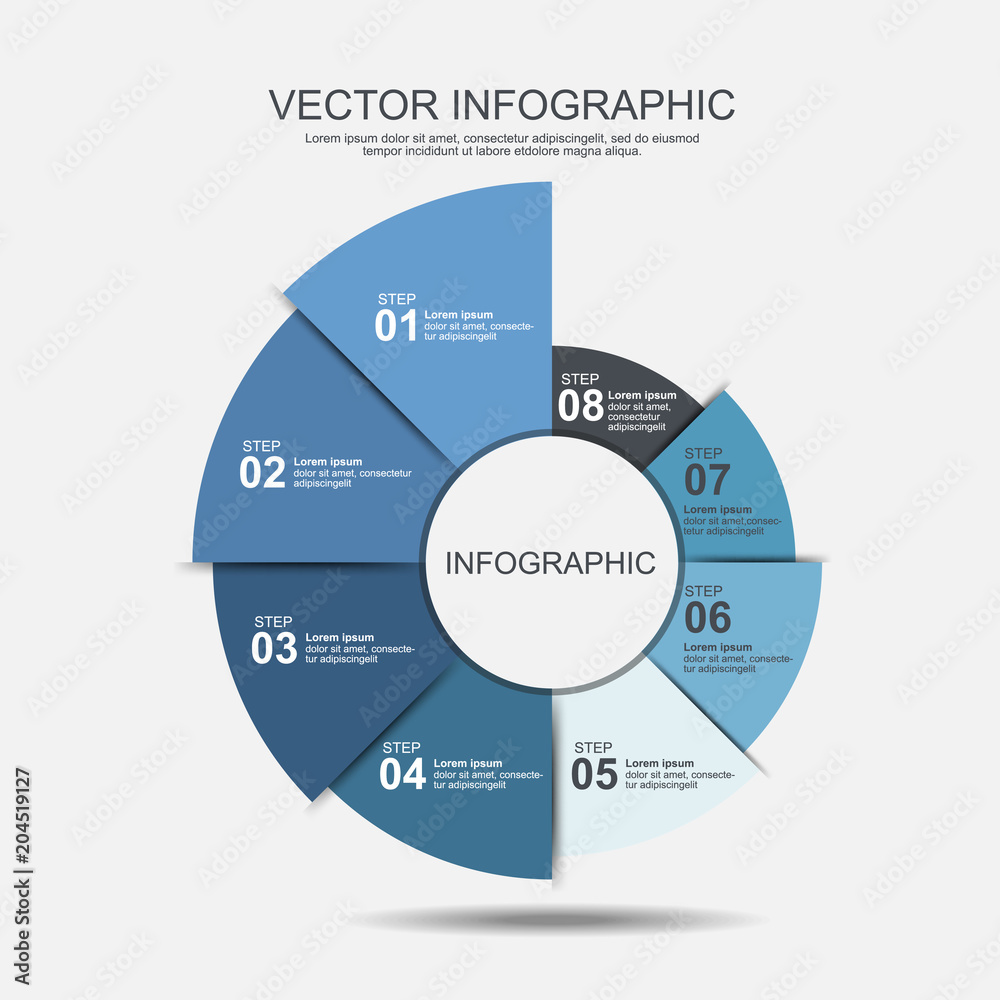 Wall mural info graphic design template 8 steps pie chart and business concept.