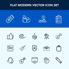 Modern, simple vector icon set with music, internet, equipment, concept, new, guitar, sound, protection, storage, white, mark, musical, shield, oven, freelance, box, barbecue, tick, insulating icons