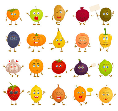 Set of vector characters. Various vegetables and fruits with faces in different poses. Cartoon characters with emotions, feelings and expressions.