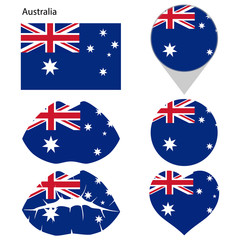 Flag of Australia, set. Correct proportions, lips, imprint of kiss, map pointer, heart, icon. Abstract concept. Vector illustration on white background.