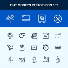 Modern, simple vector icon set with black, people, background, globe, professional, space, airport, spacecraft, blackboard, referee, planet, world, global, wallet, travel, bag, baggage, phone icons