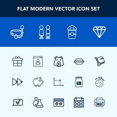 Modern, simple vector icon set with gift, luggage, present, male, bun, grizzly, economy, sign, lettuce, diamond, jewelry, bank, rewind, cafe, player, baggage, geometry, gem, mask, airport, box icons