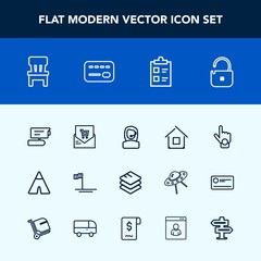 Modern, simple vector icon set with business, chair, headset, home, list, security, retail, tent, hand, checklist, adventure, supermarket, beach, video, building, camera, room, architecture, tv icons