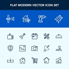 Modern, simple vector icon set with suitcase, bag, holiday, ribbon, landscape, screen, camera, hand, drill, work, lens, house, shield, communication, protection, present, technology, global, box icons