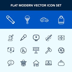Modern, simple vector icon set with stadium, equipment, music, media, space, price, circle, cello, drum, technology, elegance, karaoke, object, pitch, mic, violoncello, soccer, baseball, fashion icons