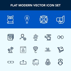Modern, simple vector icon set with gym, business, web, nature, water, delete, sea, fitness, owl, user, palm, library, target, workout, marketing, transport, pin, snorkel, helicopter, map, bird icons