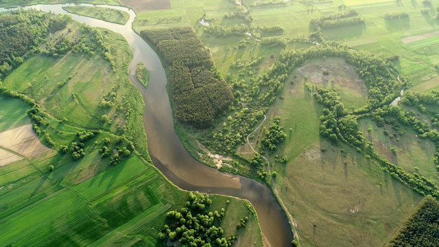 Aerial view of natural river in spring