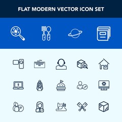 Modern, simple vector icon set with find, report, food, kerosene, planet, metal, keyboard, search, orbit, notebook, vintage, technology, center, building, movie, dinner, service, tomato, bread icons