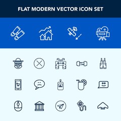 Modern, simple vector icon set with tripod, atv, television, gym, movie, bubble, spy, quad, search, aircraft, wheel, work, vision, happy, mobile, app, phone, video, dirt, character, message, tv icons