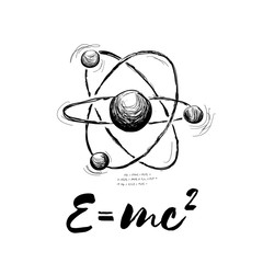 Atom drawn with formula. Vector abstract illustration on white - obrazy, fototapety, plakaty
