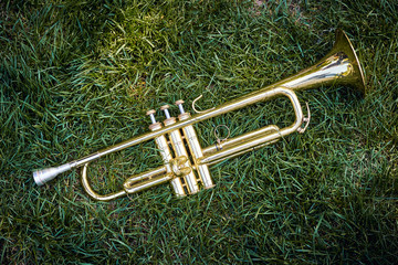 Closeup of brass musical golden orchestra trumpet.