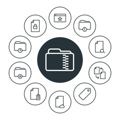 folder, bookmarks, files Infographic Circle outline Icons Set. Contains such Icons as  tag,  document,  zip,  cloud,  business,  information, folder,  price and more. Fully Editable. Pixel Perfect