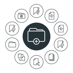 folder, bookmarks, files Infographic Circle outline Icons Set. Contains such Icons as  communication,  copy,  network,  template,  element, internet, business,  and more. Fully Editable. Pixel Perfect