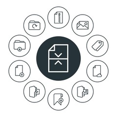 folder, bookmarks, files Infographic Circle outline Icons Set. Contains such Icons as document,  business,  update,  folder,  color,  organizer,  data,  tag and more. Fully Editable. Pixel Perfect