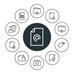 folder, bookmarks, files Infographic Circle outline Icons Set. Contains such Icons as  upload,  block,  app,  email,  file,  background, remove,  computer,  web and more. Fully Editable. Pixel Perfect