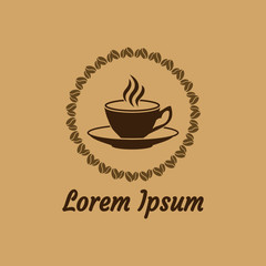 Cup of coffe with saurce, frame of coffee beans and flavour vector icon. illustration on a flat design style. Image sutable for logotype of coffe house, cafe, caffeine, coffe shop