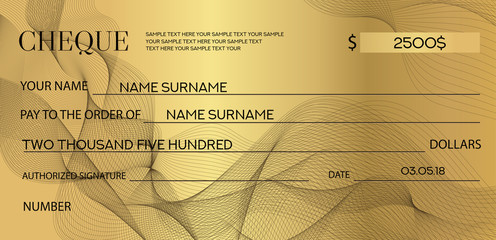 Check (cheque), Chequebook template. Lines pattern (watermark, lines). Gold background for ticket, Voucher, Gift certificate, Coupon, banknote, money design, currency, bank note, check (cheque)