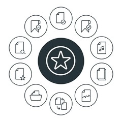 folder, bookmarks, files Infographic Circle outline Icons Set. Contains such Icons as  review,  archive, ,  copy, broken,  digital, music,  search,  rating,  ui and more. Fully Editable. Pixel Perfect