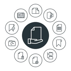 folder, bookmarks, files Infographic Circle outline Icons Set. Contains such Icons as  template, sheet, folder,  settings,  data,  share,  paper,  document,  and more. Fully Editable. Pixel Perfect